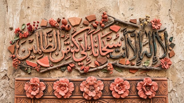 Beautiful arabic calligraphy of the quranic verse la ilaha illa anta subhanaka inni kuntu minazzalimin made of clay and natural elements
