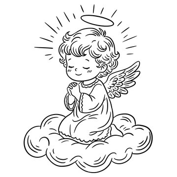 Cute Praying Little Angel Sitting on Cloud Line Art Illustration