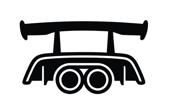 Black silhouette of a car rear wing spoiler and exhaust pipes icon.