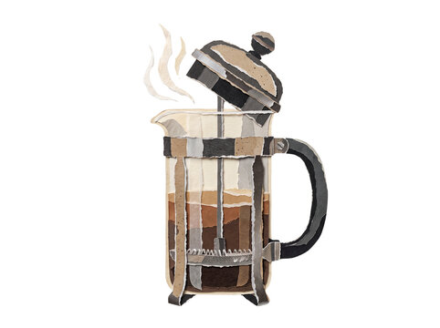 French Press Coffee Maker Ripped Paper Craft Illustration Transparent Image. Torn Paper Collage Coffee Concept Design