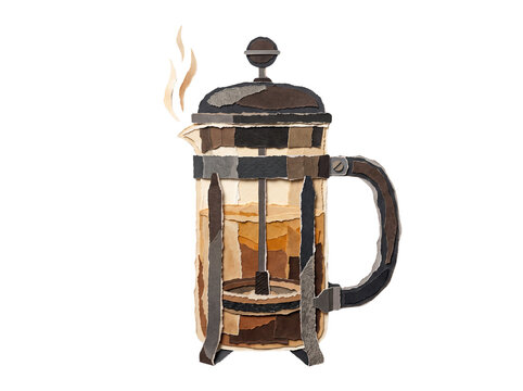 French Press Coffee Maker Ripped Paper Craft Illustration Transparent Image. Torn Paper Collage Coffee Concept Design