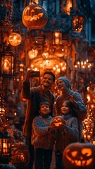 Fototapeta premium Happy family taking a selfie among glowing jack o lanterns at night.