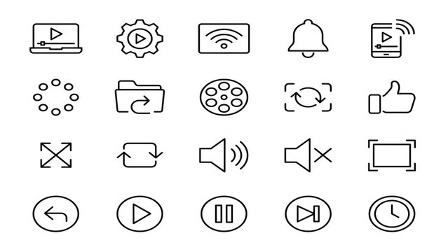 Set of multimedia and player control line icons for web interface design with interface multimedia navigation