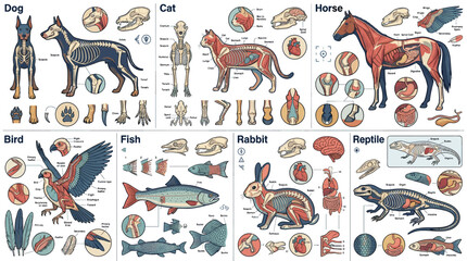 Fototapeta premium Detailed Educational Veterinary Anatomy Chart Featuring Comparative Biological Systems and Internal Physiological Structures of Various Common Domesticated Animals
