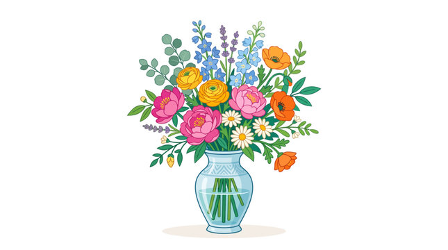 Colorful flower bouquet in a glass vase vector illustration