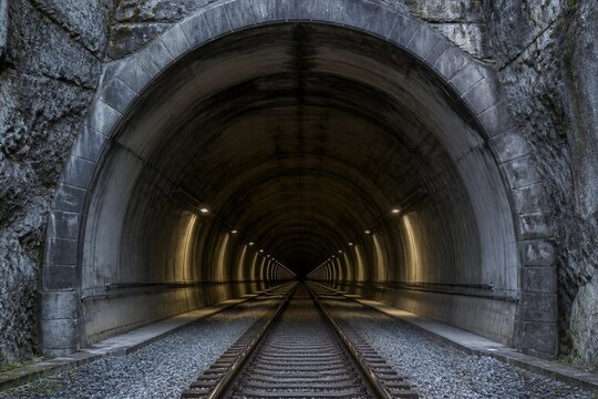 Dark tunnel stretches ahead, concrete walls meet gravel tracks. Railway tracks lead deep into the unknown, glowing lights guide the way. Empty and silent, it whispers stories of journeys passed