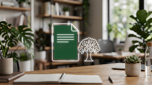 Conservation management technology illustration featuring environmental planning documents and protected tree symbols for sustainable resource management