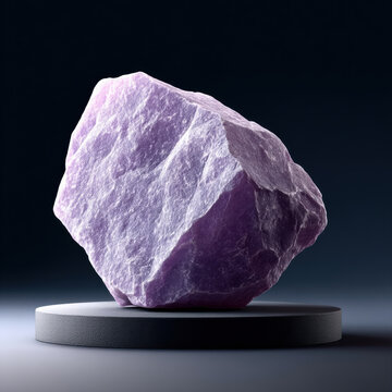 Purple flint rock mineral displayed on black pedestal, rough texture, dramatic lighting, geological specimen, modern background