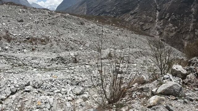 Footage of Landslide area covering an old Langtang village in Nepal. The 2015 earthquake triggered a catastrophic avalanche and landslide that submerged the village under a great plume of ice and rock