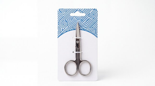 Professional stainless steel grooming scissors in retail packaging with blue patterns isolated on white background