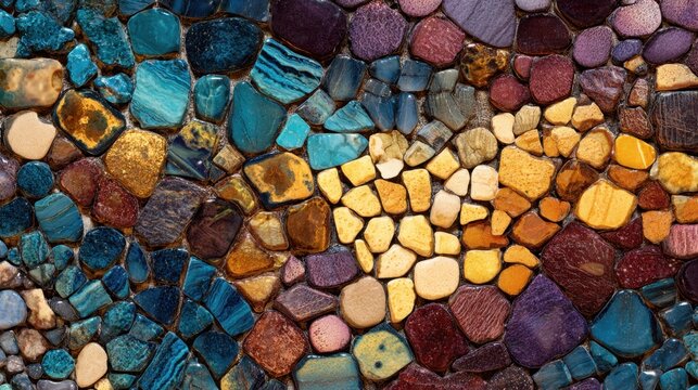 Colorful mosaic of polished gemstones and pebbles arranged in vibrant pattern