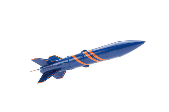 Blue military missile or rocket flying through the air on white isolated background with military technology