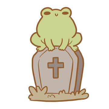 Cute frog sitting on tombstone gravestone Halloween cartoon illustration