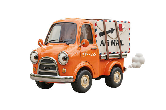 Cute cartoon delivery truck carrying air mail package on isolated white background with supply chain, transport ico