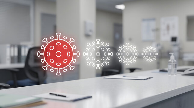 Infection control technology concept with virus particles and healthcare protection icons