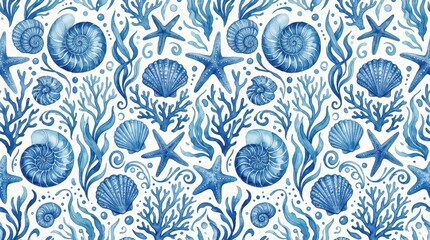 Obraz premium Blue Watercolor Seamless Pattern with Seashells, Starfish, Coral and Seaweed for Nautical Textile Design