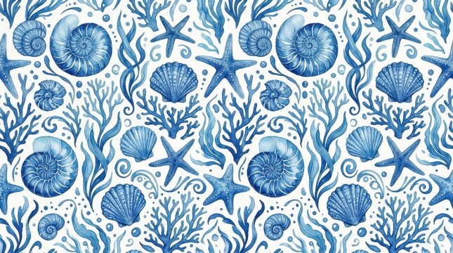 Blue Watercolor Seamless Pattern with Seashells, Starfish, Coral and Seaweed for Nautical Textile Design