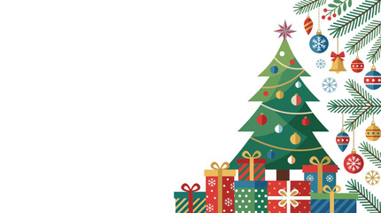Naklejka premium Flat vector holiday tree with gifts and festive ornaments