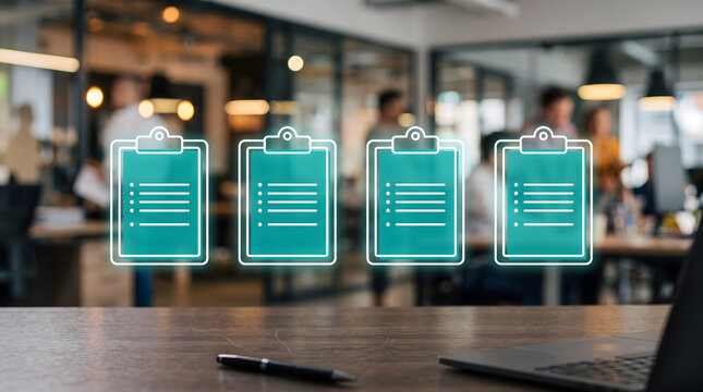 Procurement Records Technology with Digital Purchase Order Clipboard Icons in Modern Business Office