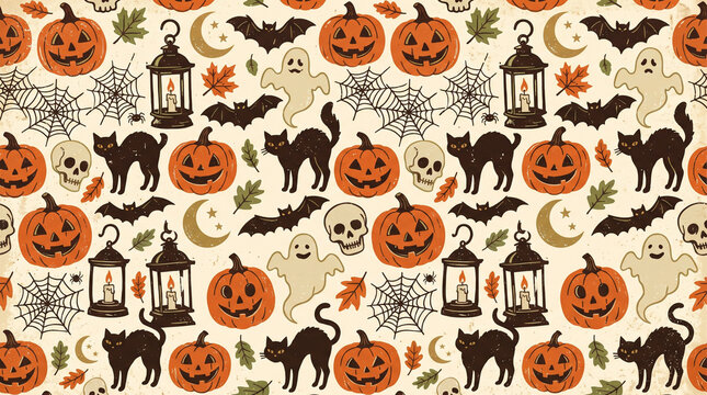 Vintage Halloween Seamless Pattern with Pumpkins, Black Cats, Ghosts, and Spooky Elements