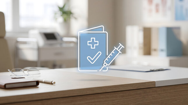 Digital vaccination management concept with medical record document, approval checkmark and syringe symbol