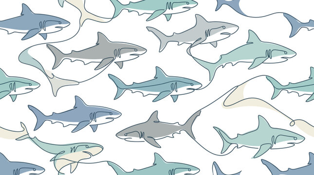Sharks pattern featuring minimalist line art illustrations of marine predators swimming on white background.