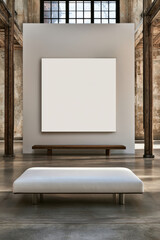 Obraz premium Minimalist white art gallery interior with blank canvas, modern bench, industrial windows, and exposed columns, evoking calm and inspiration