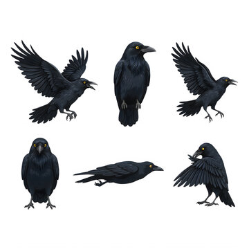 Various black crows in flight and standing poses with bright yellow eyes isolated on transparent background
