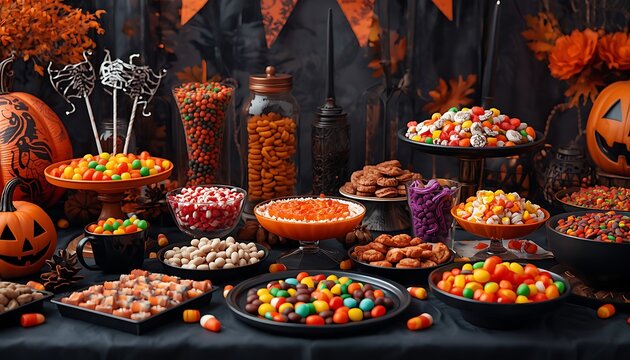 A festive Halloween candy buffet table overflowing with a wide variety of colorful sweets, chocolates, and treats, set against a dark, decorated background with pumpkins and banners.