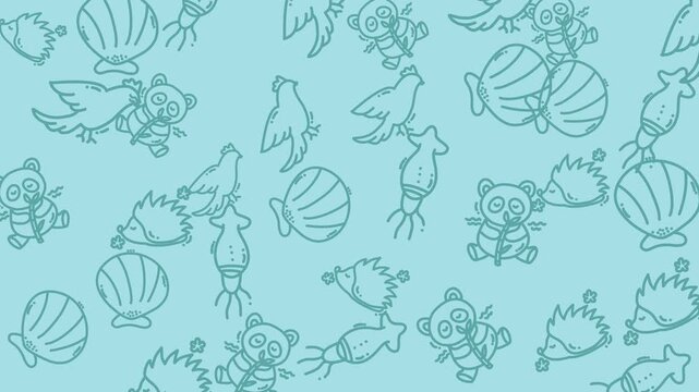 Delightful and charming pattern featuring cute pandas, birds, seashells, squids, and hedgehogs on a light blue background. Perfect for stationery, textiles, and childrens products.