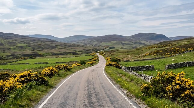 Winding asphalt road through lush green mountains and hills in the scenic rural Scottish Highlands under a cloudy sky with yellow gorse in bloom
