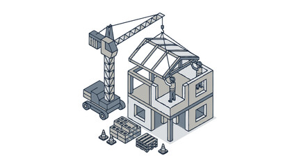 Fototapeta premium Isometric Construction Site with Crane and Building Frame.