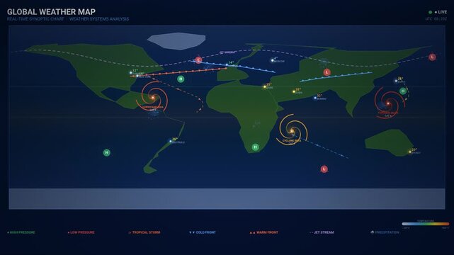 Global Weather Map with Animated Synoptic Charts and Storm Systems