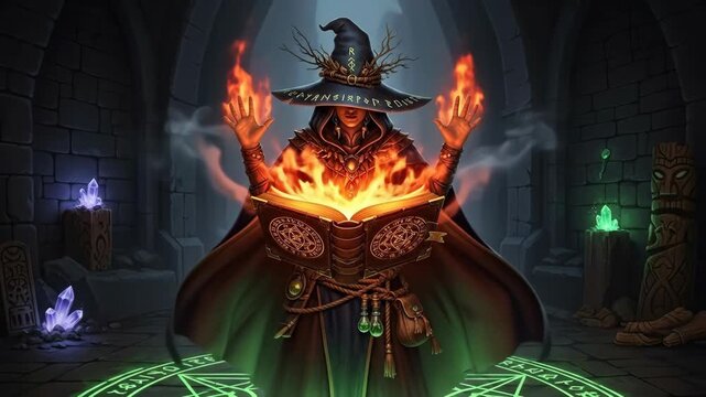 Powerful wizard conjuring fire magic from an ancient spellbook in a dark, mystical chamber.
