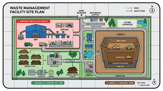 Illustrated site plan infographic of a modern waste management facility showing recycling, composting, and landfill zones