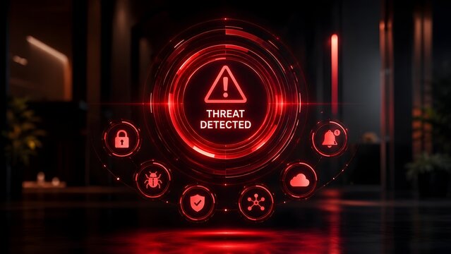 3D glowing red threat detected hologram hovering in dark server room, futuristic cyber security breach alert and network vulnerability warning system