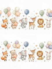Fototapeta premium Watercolor Baby Animals Seamless Border with Fox Bear Elephant Deer Lion and Rabbit for Nursery Decor and Baby Shower