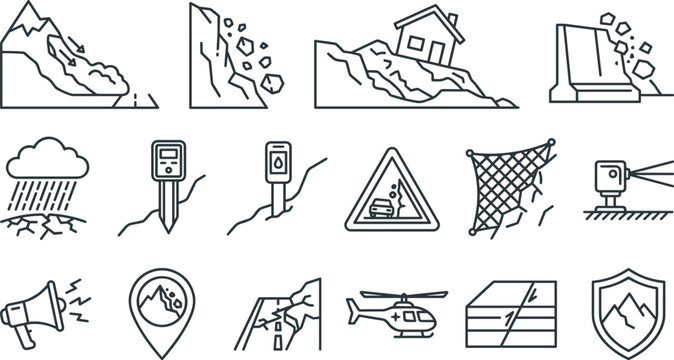 Landslide and Natural Disaster Warning Icon Set with Rockfall, Mudslide, Erosion, Evacuation, Monitoring, Rescue, Helicopter, Barriers, and Safety Symbols