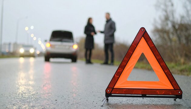 Roadside Emergency Scene with Warning Triangle and Blurred Cars in Background on a Rainy Day