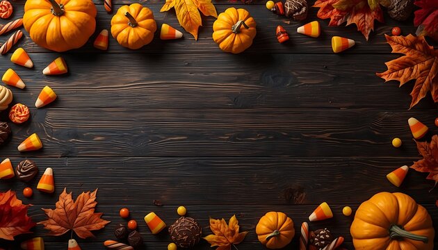 A top-down view of a dark wooden background framed by autumn leaves, small pumpkins, and various Halloween and fall candies like candy corn and chocolates, creating a festive seasonal border.