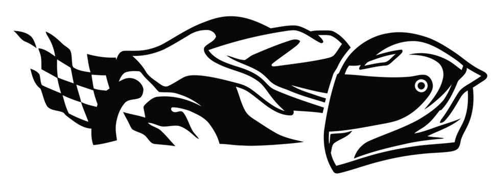 Black and white motorcycle rider racing silhouette with helmet and checkered flag.