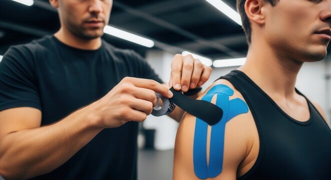 Physical therapist applies Kinesio tape to athlete's shoulder for injury support and recovery in a gym setting