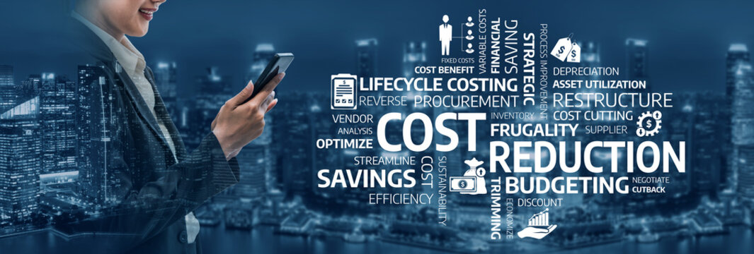A business professional engages with a smartphone, surrounded by concepts of cost reduction and budgeting, illustrating modern financial strategies against an urban backdrop. Tessel