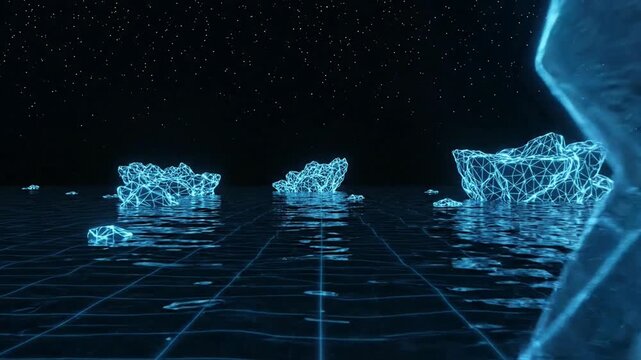 Glowing digital wireframe iceberg in dark ocean under stars