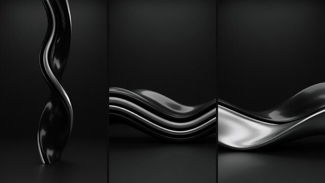 Abstract 3D renderings of smooth black metallic wavy forms on a dark background