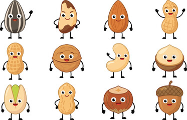 Obraz premium Cute nuts and seeds cartoon character set featuring almond peanut walnut cashew hazelnut pistachio and acorn