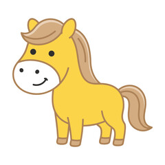 Fototapeta premium Smiling yellow cartoon horse with brown mane and tail standing alone