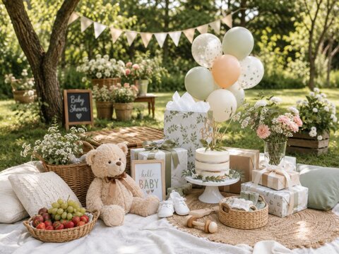 Aesthetic outdoor baby shower picnic celebration with cake, gifts, and teddy bear in a lush garden.