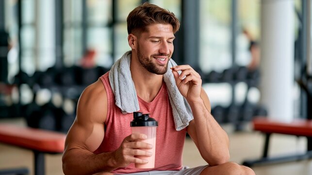Fitness Enthusiast Mixing a Protein Shake and Taking a Vitamin Pill