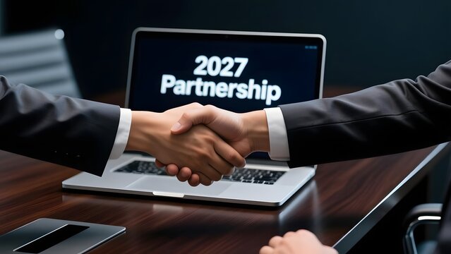 Professional 2027 Partnership handshake, business deal agreement in office, corporate collaboration and success concept